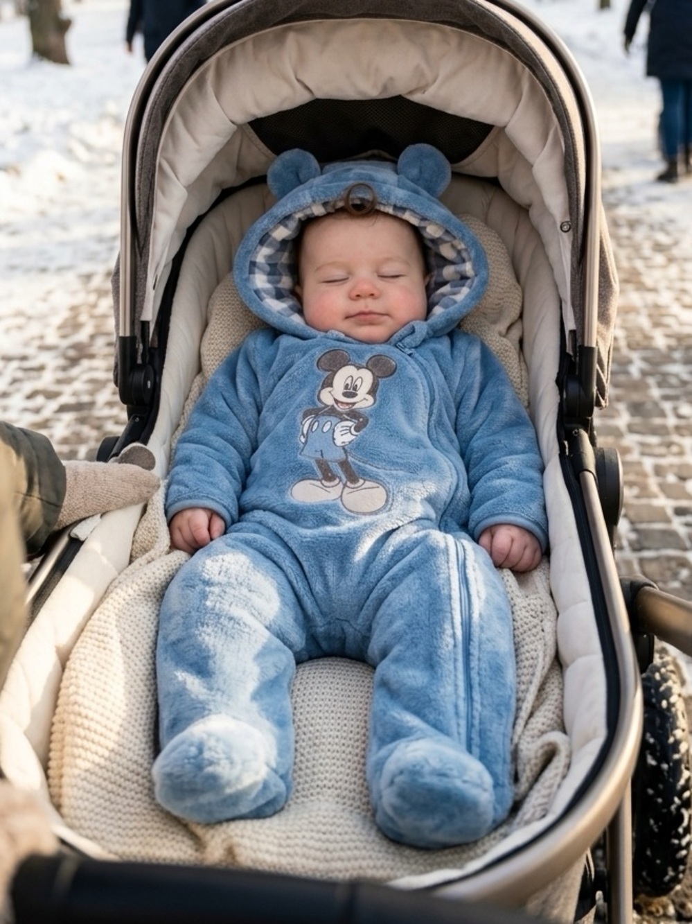 NWT 3/6M Disney Baby Mickey Mouse Plush Fleece Hooded Winter Pram Bunting Suit